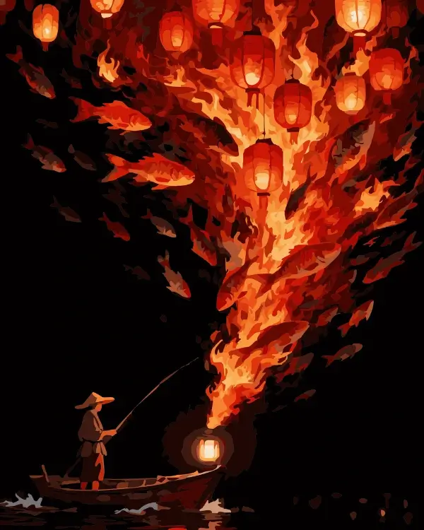 A surreal and dramatic paint by numbers artwork featuring a fisherman in a boat, with glowing red lanterns, fire, and flying fish rising into the night sky.