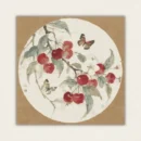 Finished 16x16 vintage cherries and butterflies paint by numbers canvas showing red fruit and delicate blossoms.