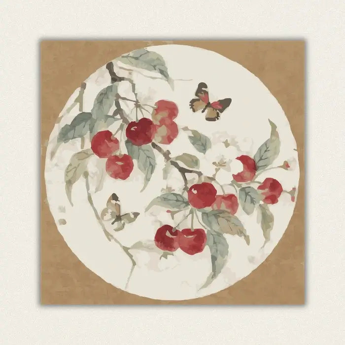 Finished 16x16 vintage cherries and butterflies paint by numbers canvas showing red fruit and delicate blossoms.