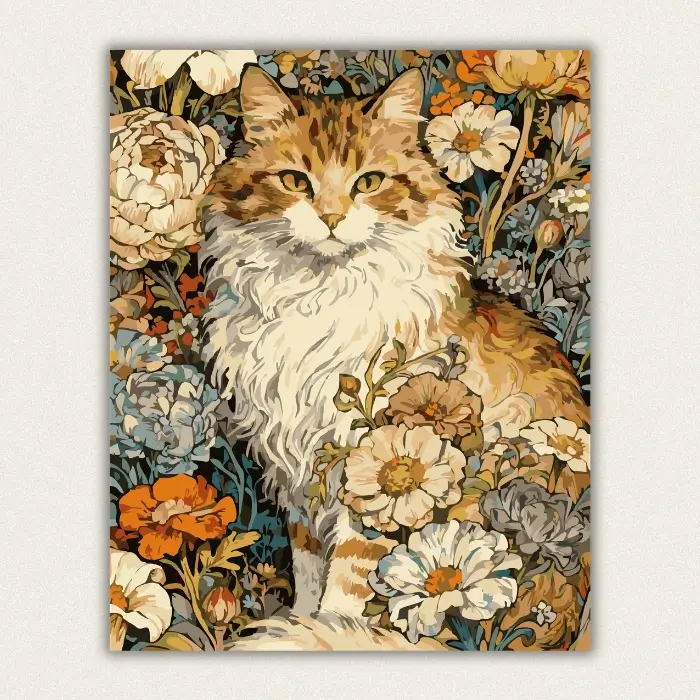 Finished vintage floral cat paint by numbers for adults