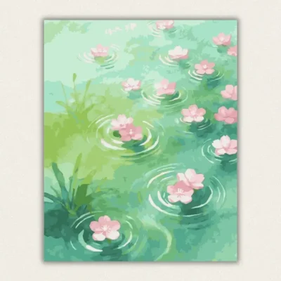 Finished 16x20 zen water garden paint by numbers canvas featuring pink flowers on green water