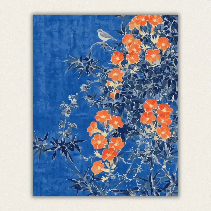 Blue background orange floral and songbird paint by numbers kit for adults