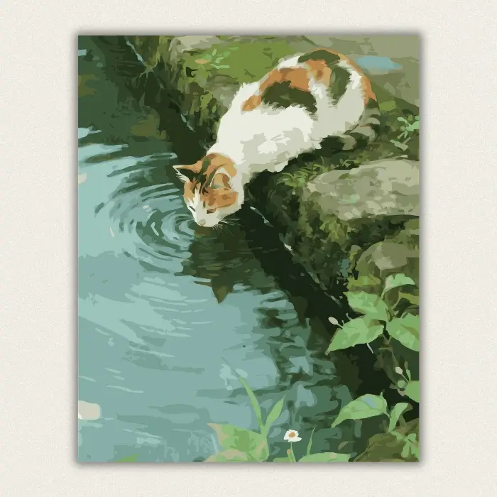 Calico cat drinking water by pond paint by numbers kit for adults