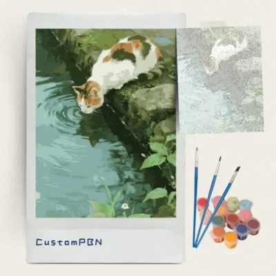 Cat paint by number kit contents with acrylic paints brushes and canvas