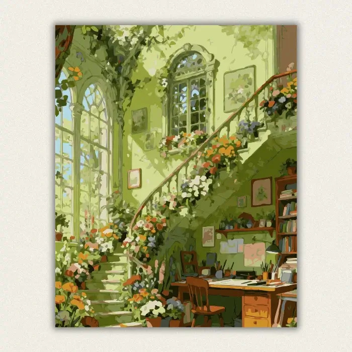 Cozy sunlit garden art studio with flower staircase paint by numbers kit for adults