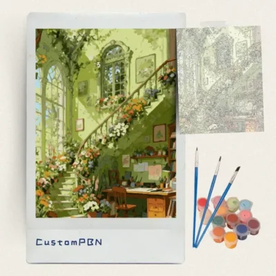 Complete DIY paint by number kit contents with canvas, acrylic paints, and brushes