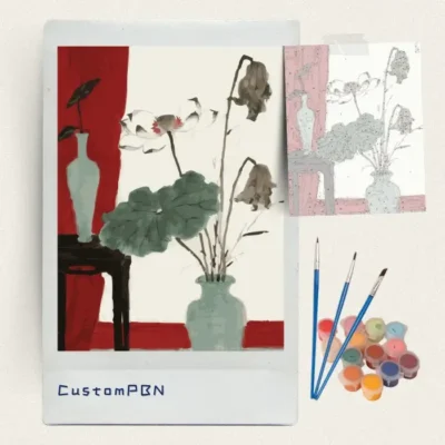 DIY paint by numbers kit set with acrylic paints brushes and lotus canvas