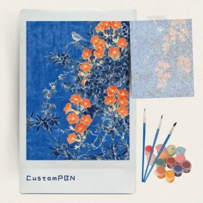Complete DIY paint by number kit contents with pre-printed canvas, acrylic paint pots, and detail brushes