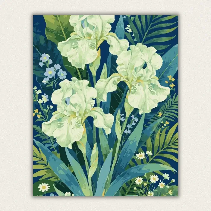White iris floral botanical paint by numbers kit for adults on dark blue background