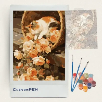 Complete cozy cat in basket paint by numbers kit with canvas, paints, and brushes