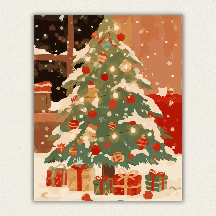 Christmas tree paint by numbers canvas with colorful ornaments and gifts
