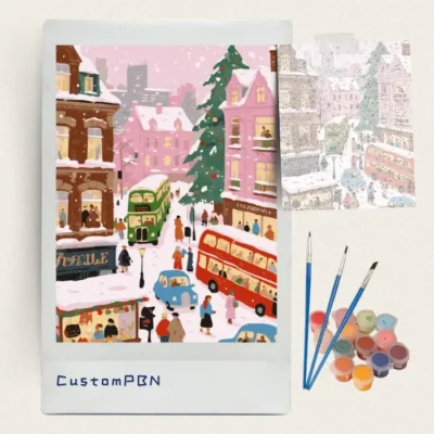 Complete paint by numbers kit including canvas, reference sheet, 3 ergonomic brushes, and non-toxic water-based paints, shipped from a US warehouse.