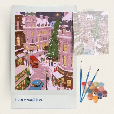 Complete DIY paint by numbers kit including canvas, reference sheet, 3 professional ergonomic brushes, and non-toxic acrylic paints, shipped from a US warehouse.