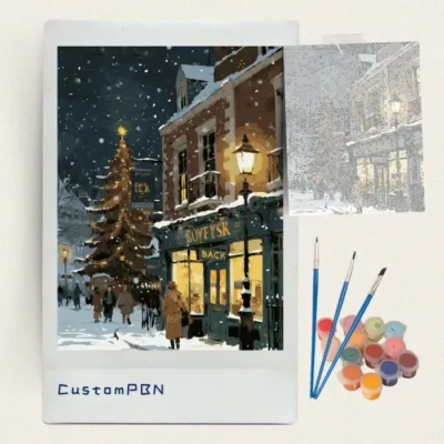 Complete paint by numbers kit with a reference guide, 3 professional brushes, and non-toxic acrylic paints, packaged for US warehouse dispatch.