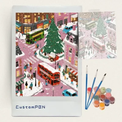 Complete paint by numbers kit including a numbered canvas, reference sheet, 3 ergonomic brushes, and non-toxic acrylic paints, shipped from a US warehouse.