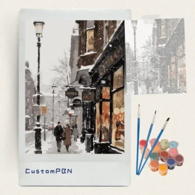 Complete paint by numbers kit including a reference guide, 3 professional ergonomic brushes, and non-toxic acrylic paints, shipped from a US warehouse.