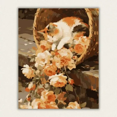 Finished cozy cat sleeping in woven basket paint by numbers canvas art with warm florals