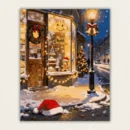 Cozy winter night paint by numbers artwork showing a festive bakery window, gingerbread man, fallen Santa hat, and glowing streetlamp, offered with fast US shipping.