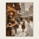Completed paint by numbers canvas artwork showcasing a snowy winter market with Santa, a little girl, and a deer, designed for DIY art lovers across the US.