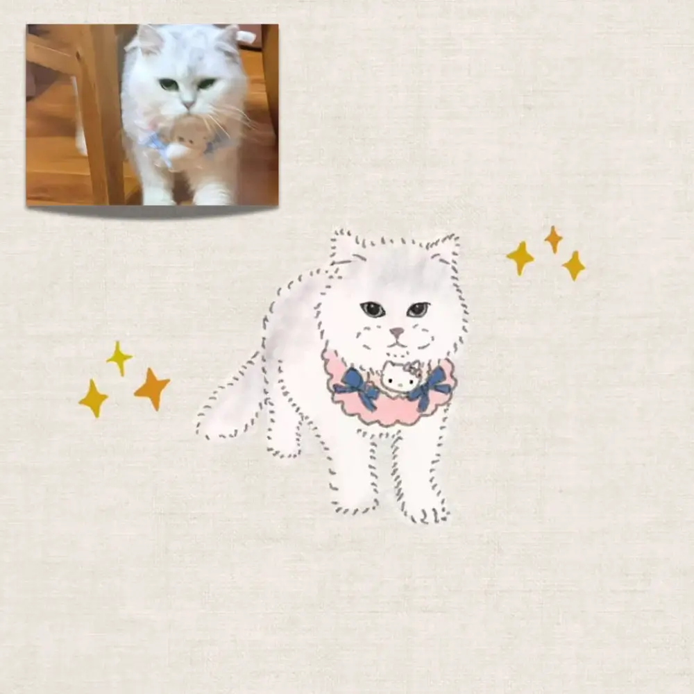 Hand-drawn custom cat portrait of a white fluffy cat wearing a pink collar accessory, created from a pet photo.
