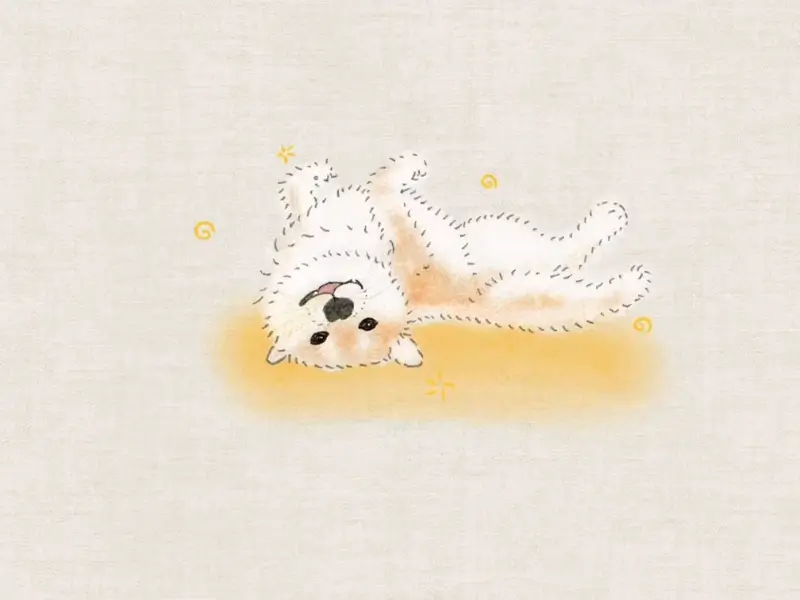Soft hand-drawn illustration of a fluffy white dog lying down on a warm yellow background.