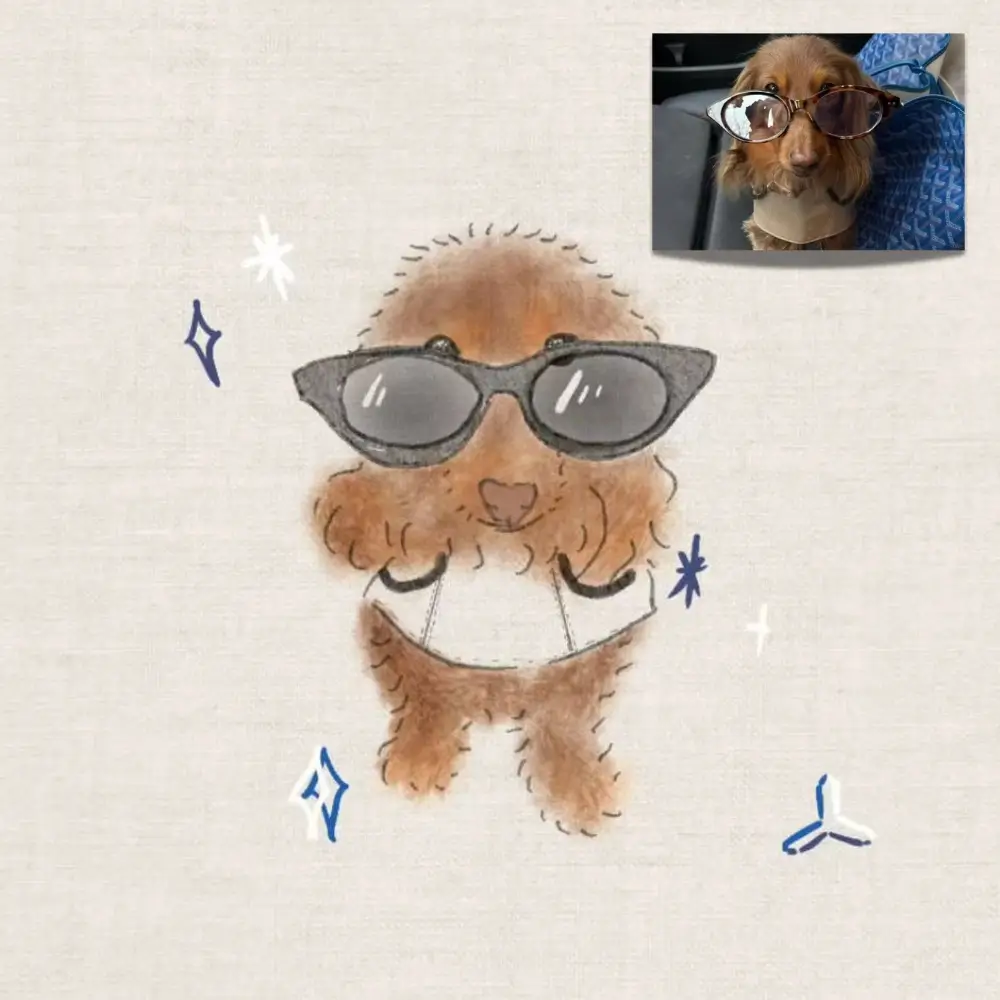 Hand-drawn custom dog portrait of a small brown dog wearing sunglasses, created from the customer's pet photo.