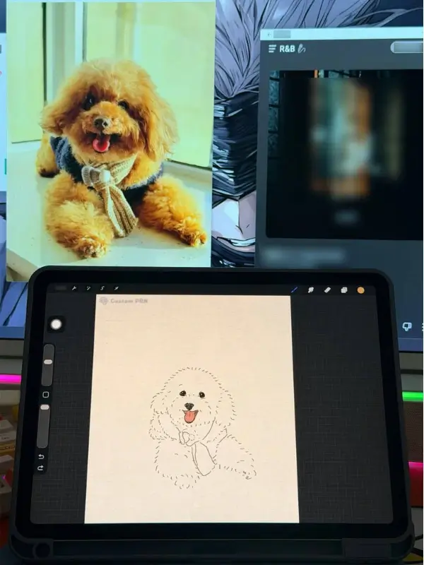 A CustomPBN artist hand-drawing a digital portrait of a white dog from a reference photo on a tablet.