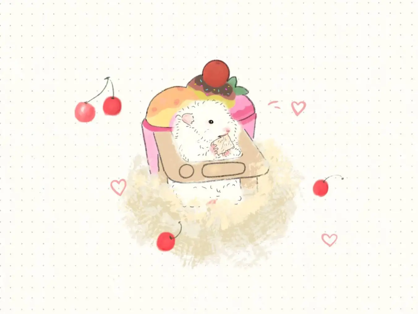 Hand-drawn illustration of a cute hamster with cherries and hearts on a soft cream background.