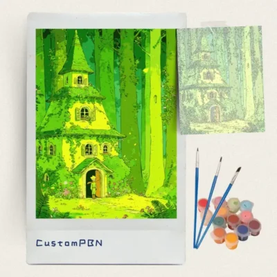 Enchanted forest cottage paint by numbers kit with paints