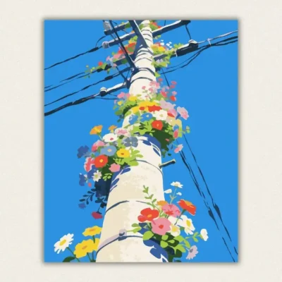 Finished floral utility pole paint by numbers canvas art with bright blue sky and colorful wildflowers