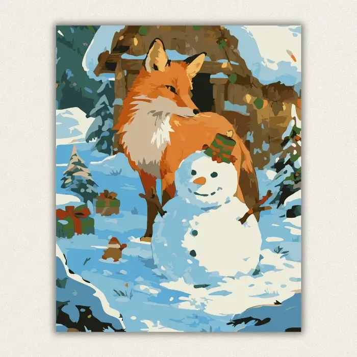 Orange fox and snowman winter paint by numbers artwork