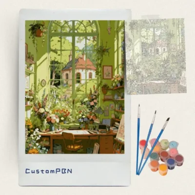Garden studio paint by numbers canvas with paint pots and brushes