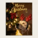 Merry Christmas Golden Retriever wearing reindeer antlers paint by numbers canvas with a decorated tree, warm lights, and fast US shipping.