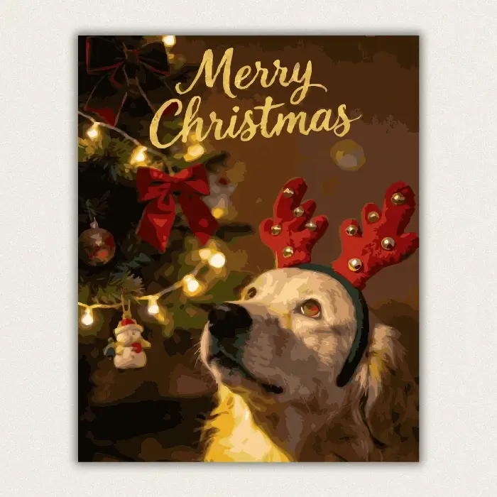 Merry Christmas Golden Retriever wearing reindeer antlers paint by numbers canvas with a decorated tree, warm lights, and fast US shipping.