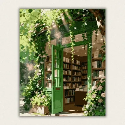 Finished sunlit green bookstore paint by numbers canvas