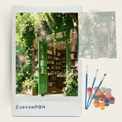 Complete paint by numbers kit for bookstore scene with paints and brushes