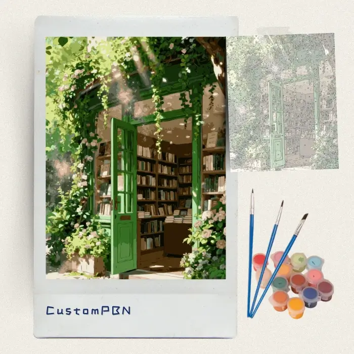 Complete paint by numbers kit for bookstore scene with paints and brushes