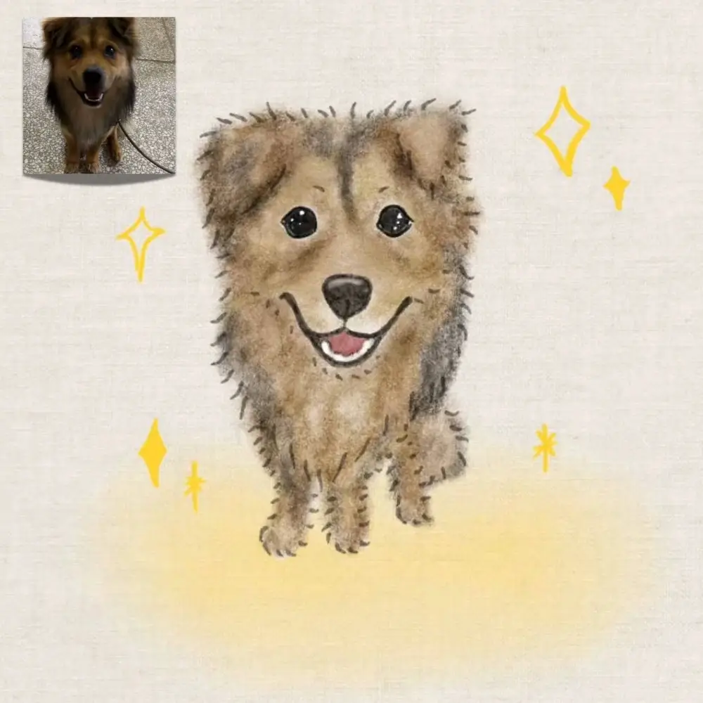 Custom hand-drawn portrait of a happy fluffy brown dog, made from an uploaded pet photo.