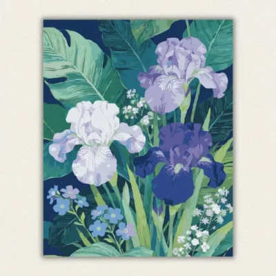 Completed blue and white Iris flower paint by numbers art canvas from US stock.