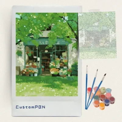 Leafy flower shop paint by numbers kit with canvas and paint pots
