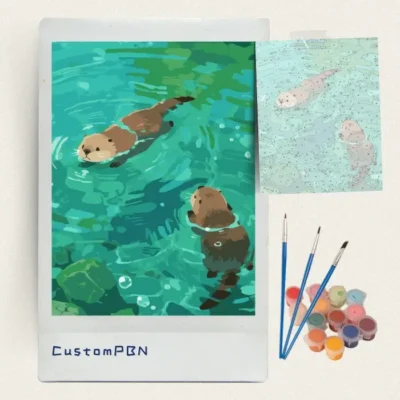 Complete otters paint by numbers kit with canvas, numbered paints, and brush set
