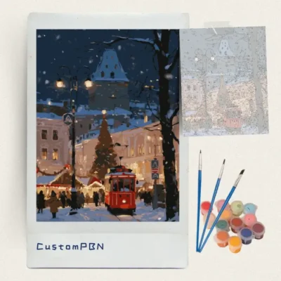 Complete paint by numbers kit with 3 professional brushes and non-toxic paint cups, securely packaged for fast USA shipping.
