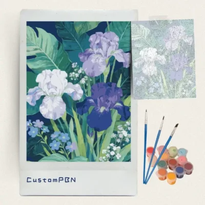 US stock paint by numbers kit unboxed, showing stretched canvas, 3 brushes, and acrylic paints.