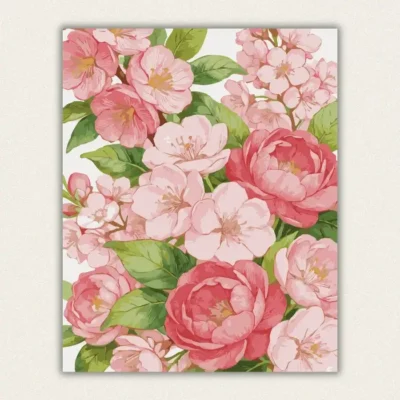 Finished pink blossom and peony paint by numbers canvas art on white background