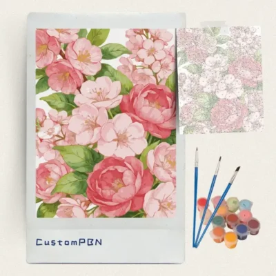Complete pink floral paint by numbers kit with canvas, paints, and professional brushes