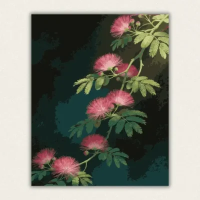 Professional dark botanical paint by numbers canvas of pink silk tree flowers