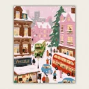 Whimsical winter city paint by numbers artwork featuring red and green double-decker buses, a blue car, a tall Christmas tree, and snowy streets with fast US shipping.