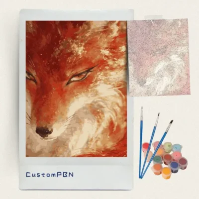 Red fox paint by numbers kit with canvas, paint pots, and brushes