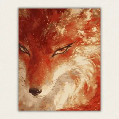 Red fox portrait paint by numbers artwork in warm orange and cream tones