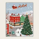Festive paint by numbers canvas showing Santa's sleigh flying over a snowy Christmas village with a giant tree and vintage cars, shipped from US local warehouse.
